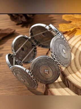 BOHO Silver Geometric Design Medallion Stretch Bracelet